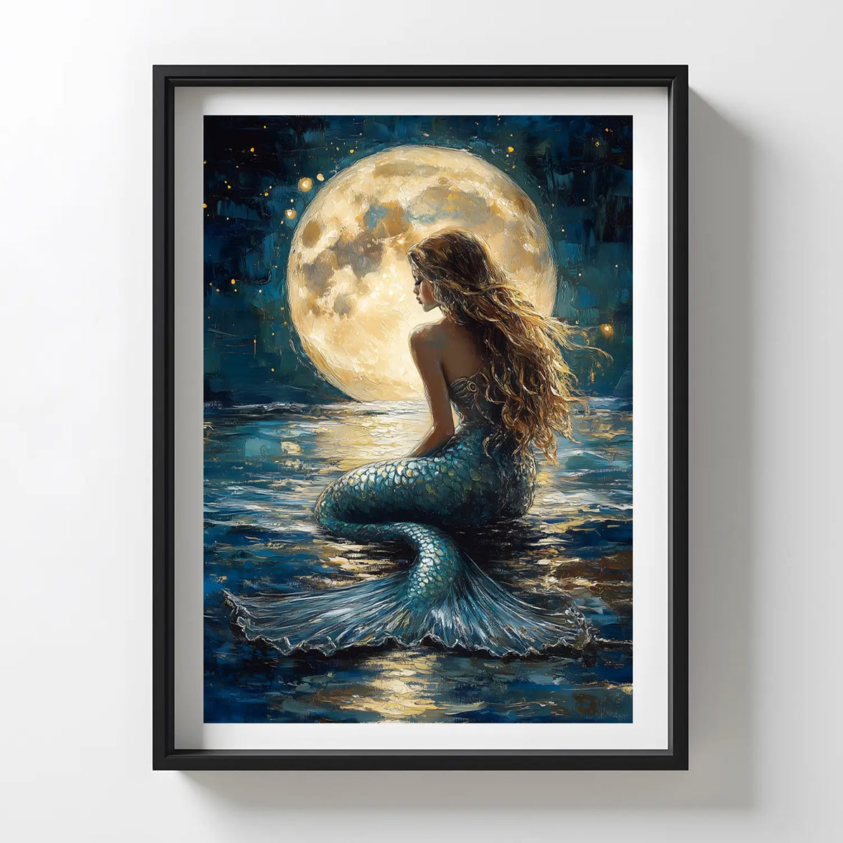 Fantasy mermaid wall art featuring a romantic nighttime ocean setting with soft brushstroke texture and glowing light.