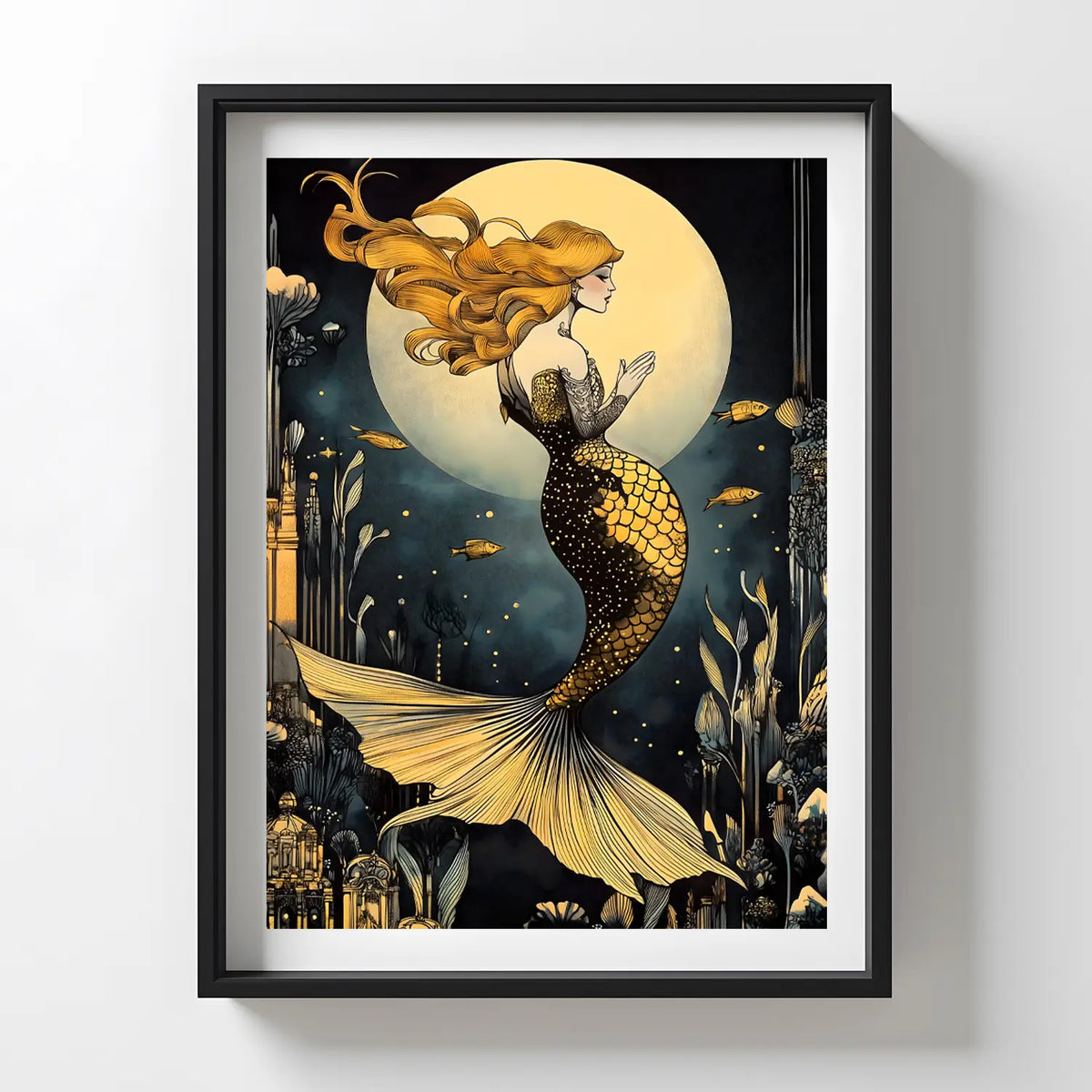 Fantasy mermaid with golden scales and long hair, illuminated by a full moon in a mystical underwater scene with glowing fish.