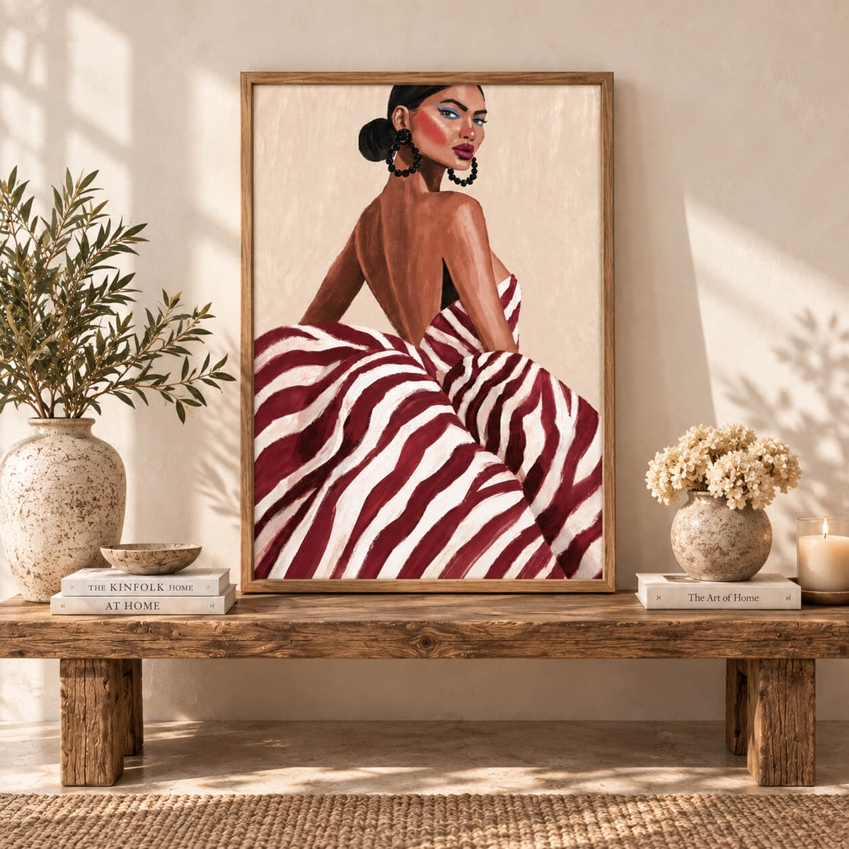 Fashion woman wall art print with burgundy striped dress, bold statement earrings and modern feminine portrait design