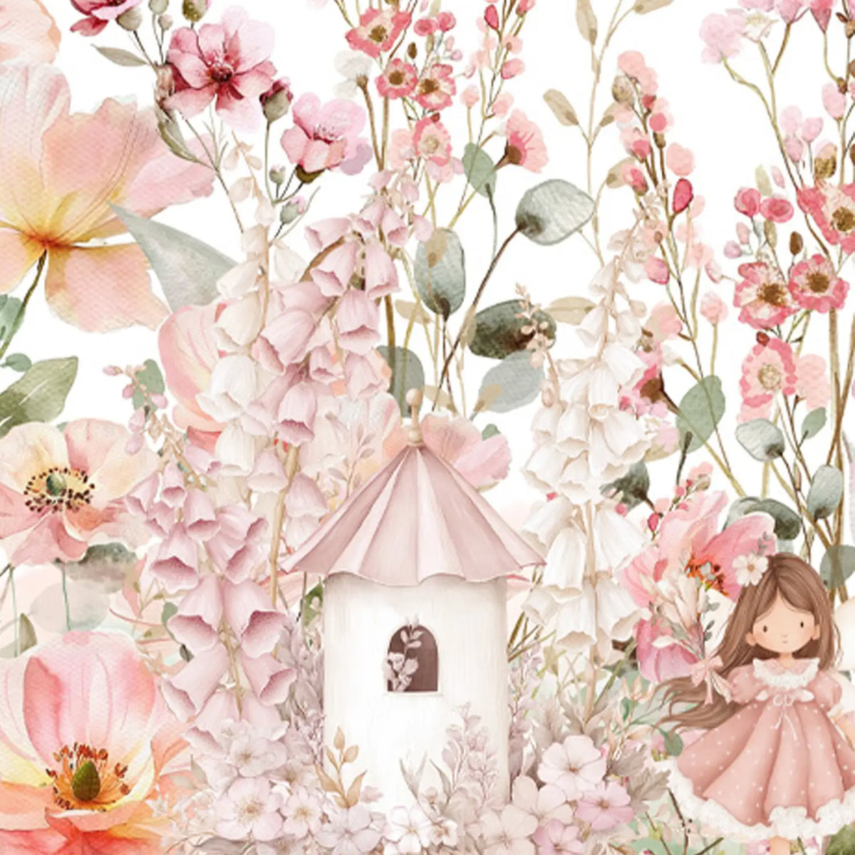 Floral fairy tale art print with a watercolor aesthetic, ideal for whimsical nursery themes.