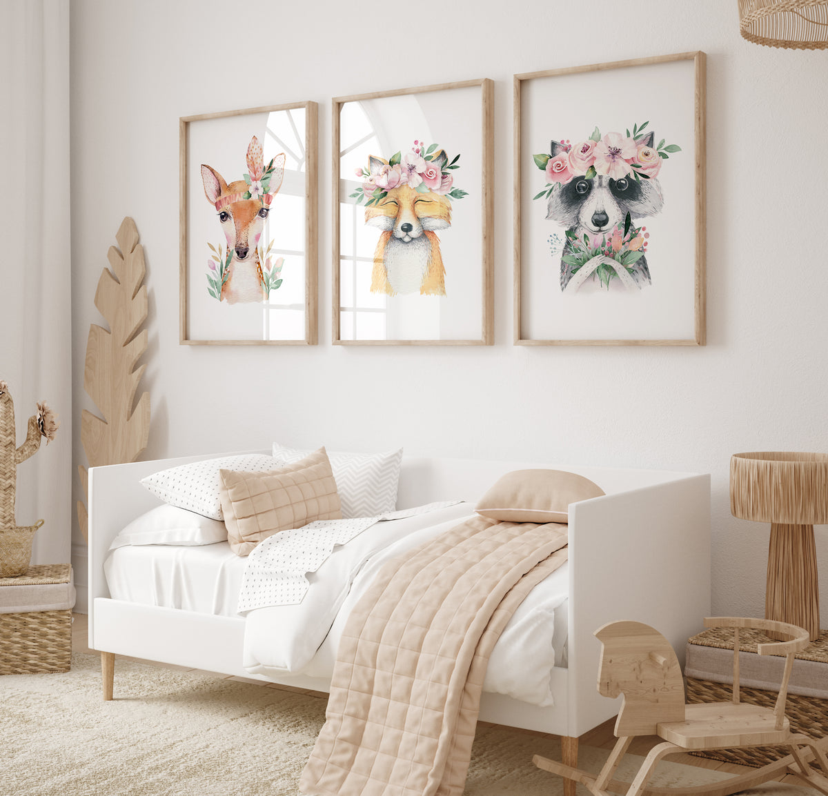 Floral woodland animal nursery print featuring a fox with blush flower crown – girls’ room wall art