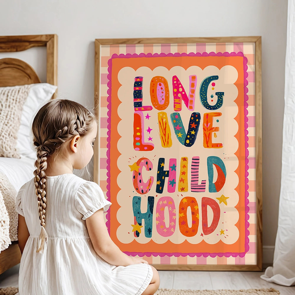 Childhood Wall Art Print, a modern 2025 nursery illustration filled with girly colours, floral details, and playful design. Perfect for a kids room, nursery wall decor, or playroom art,