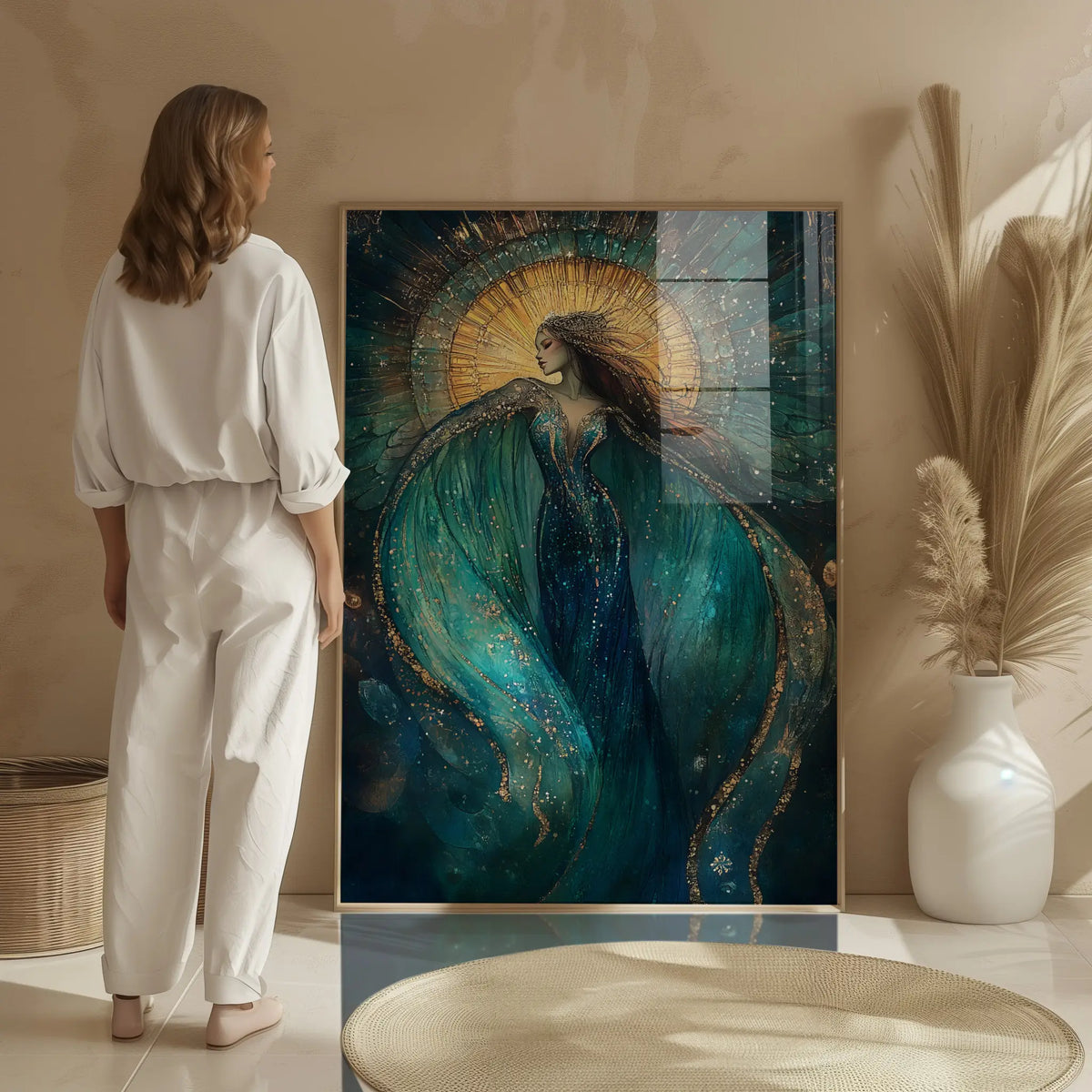 Celestial Goddess wall art print in gold and green tones, feminine mystical decor