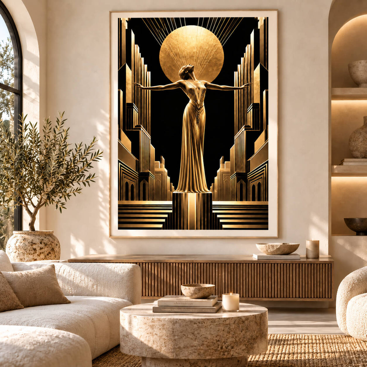Large framed black and gold Art Deco woman print displayed above a timber console in a warm neutral living room.