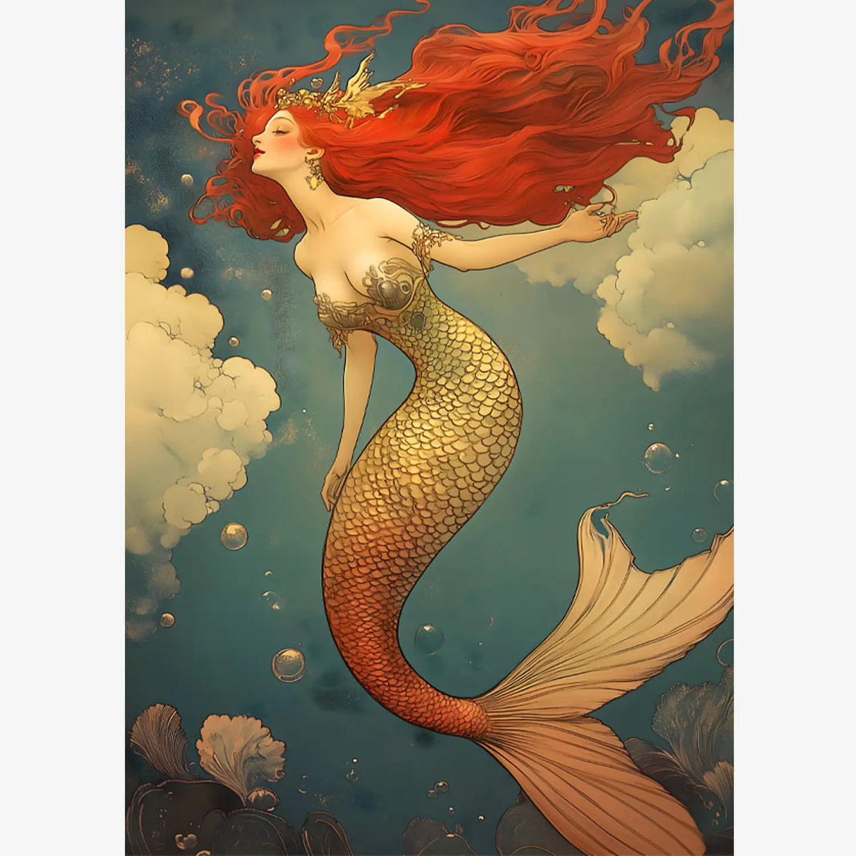 Golden mermaid with long red hair and ornate crown drifting in deep sea fantasy artwork, ideal for adult wall decor.