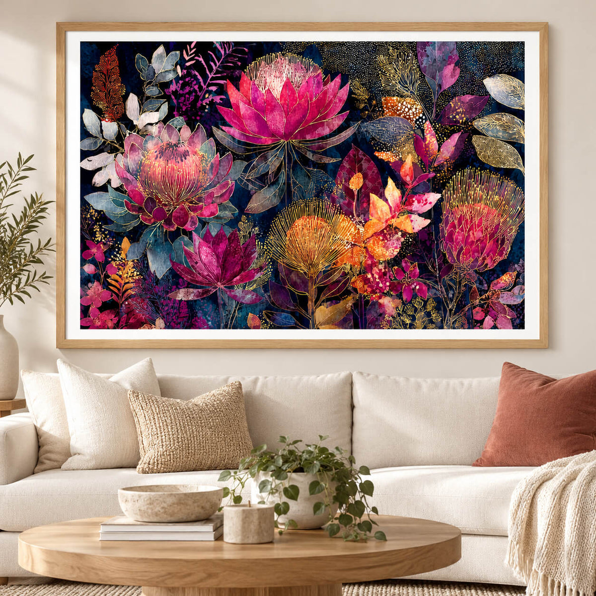 Colourful Australian botanical wall art featuring vibrant pink proteas, golden banksia flowers and gold detailing on a dark navy background.