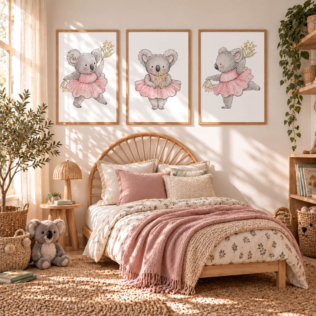 Koala nursery wall art set of 3 featuring pink ballerina koala prints displayed in a boho girls bedroom