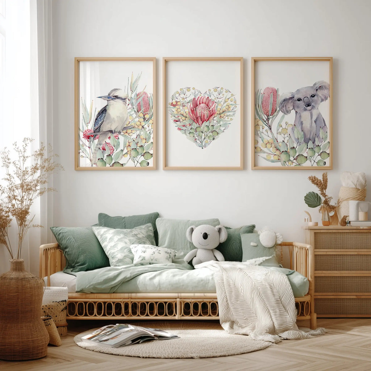 a set of three Australian animal nursery prints with a kookaburra and koala and native fauna