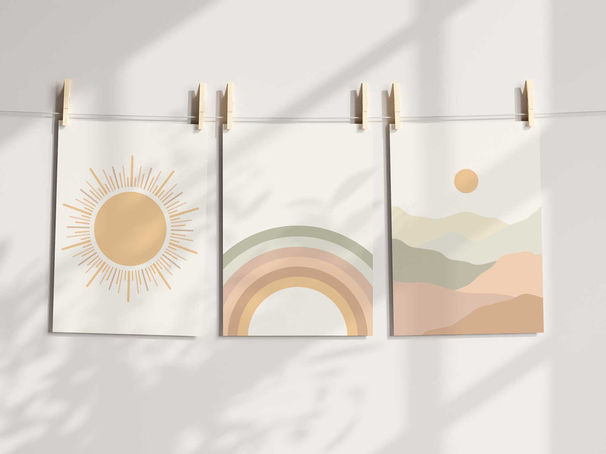 Boho Sun Moon Rainbow Nursery Kid  Prints
