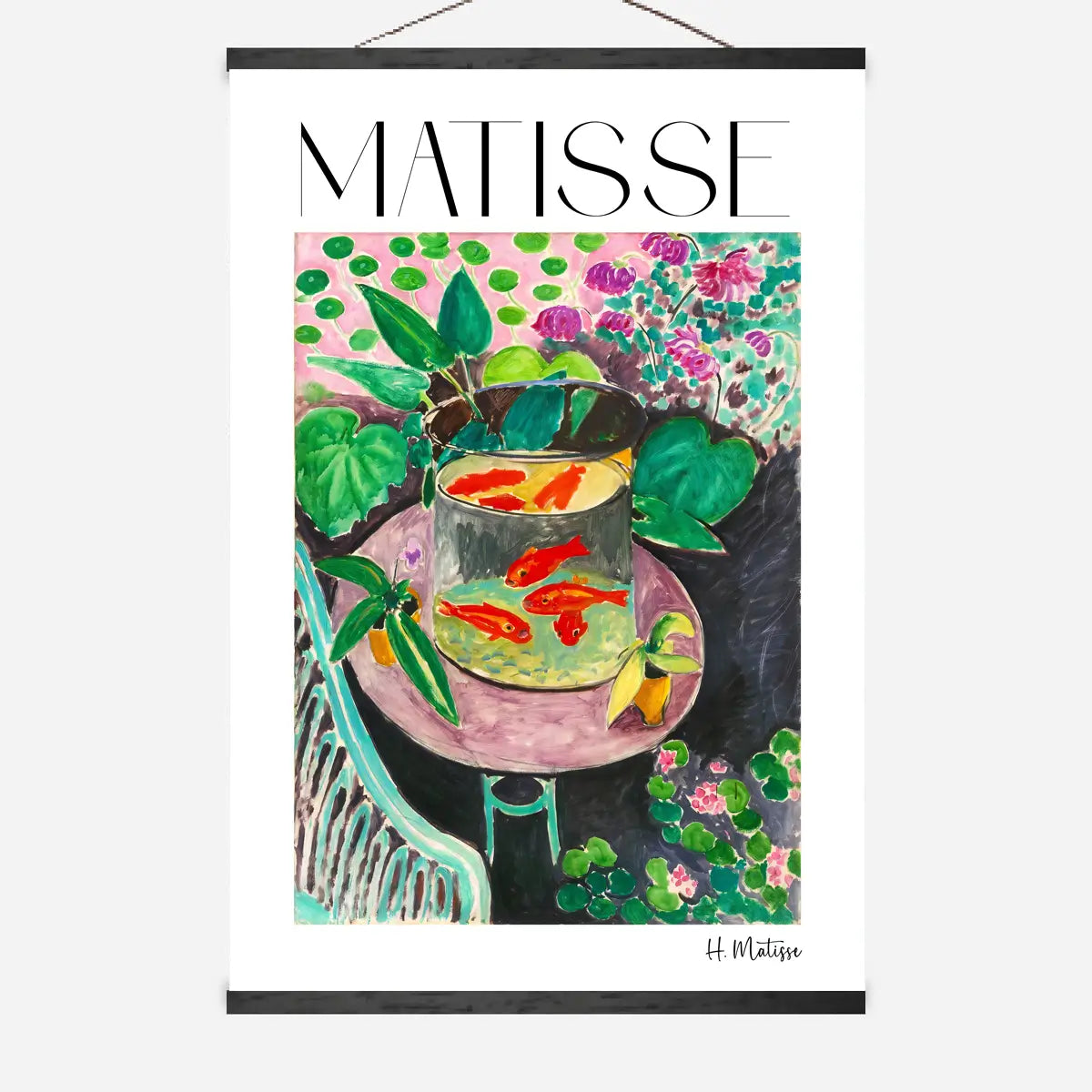 hanging canvas Matisse artwork with a fishbowl and plants on a white background