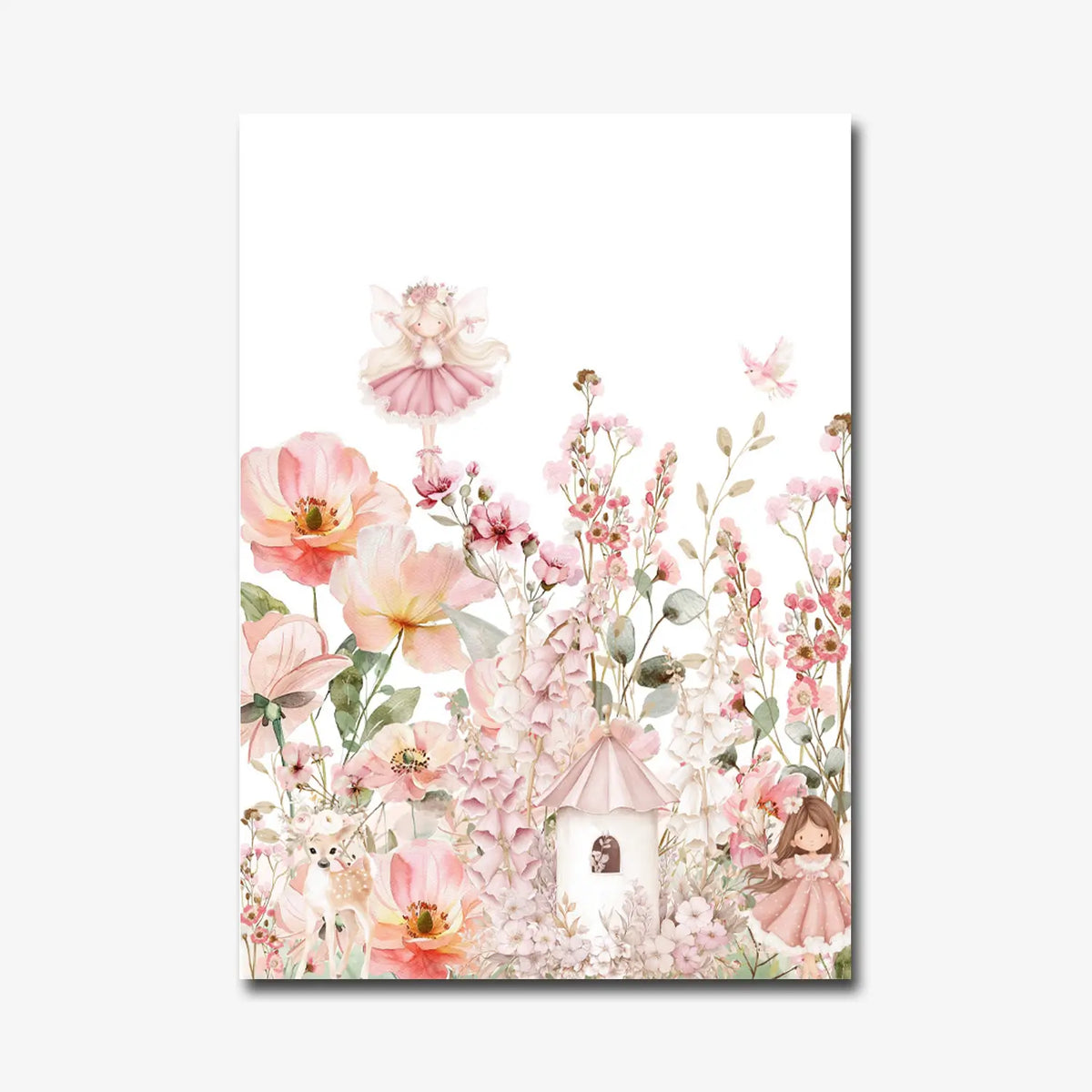 Magical fairy-themed art print for girls featuring soft pink florals and a fairy holding a flower bouquet.