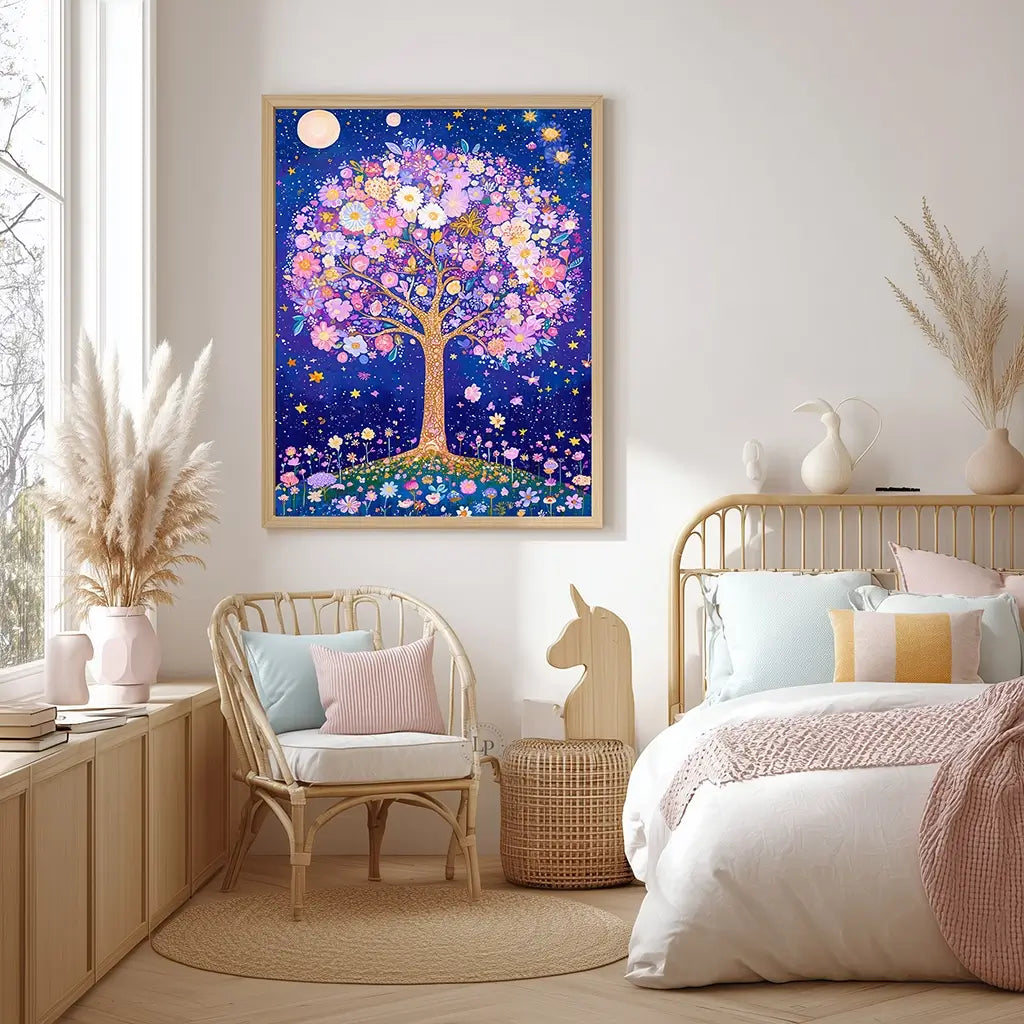 Magical girls wall art featuring a fantasy tree blooming under the moon