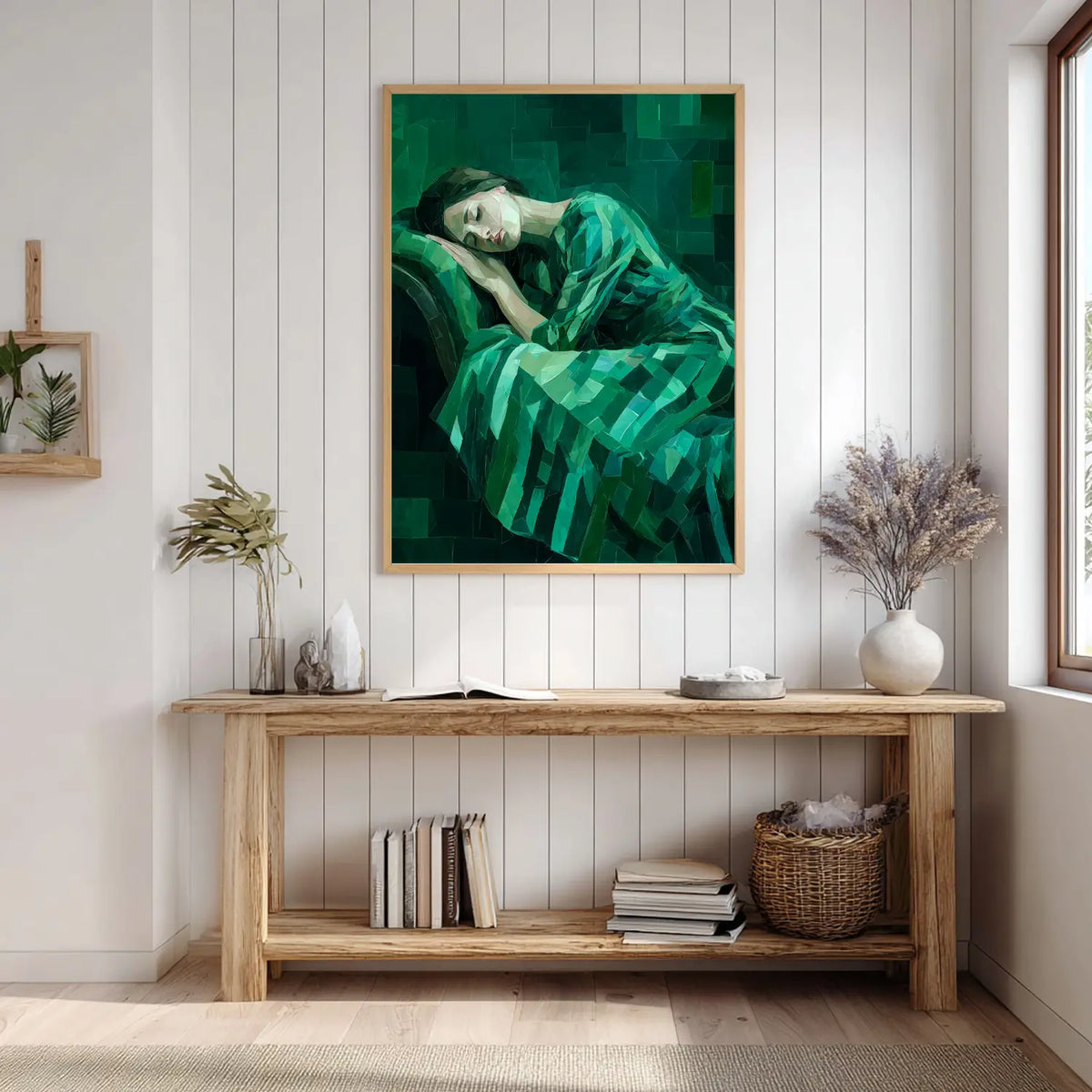 Minimalist female wall art with calming green brushstrokes