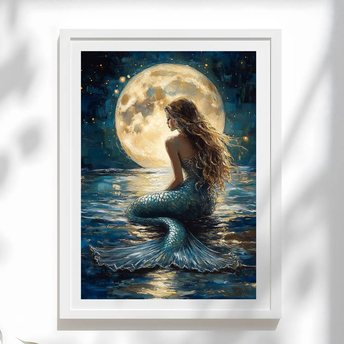 Moonlit mermaid with long wavy hair sitting in the ocean, gazing at a glowing full moon in a dreamy fantasy scene.