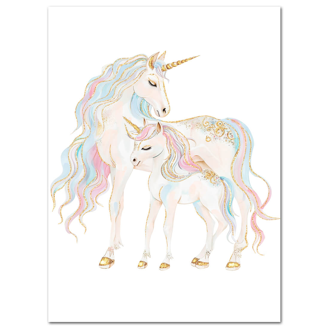 Mum and Baby Unicorn Wall Art Print in Pastel Colors with Glitter – Girls Room Decor