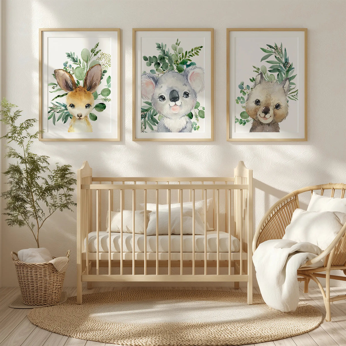 set of three printed prints kangaroo koala wombat Australian animals wall art prints with eaucalyptus foliage