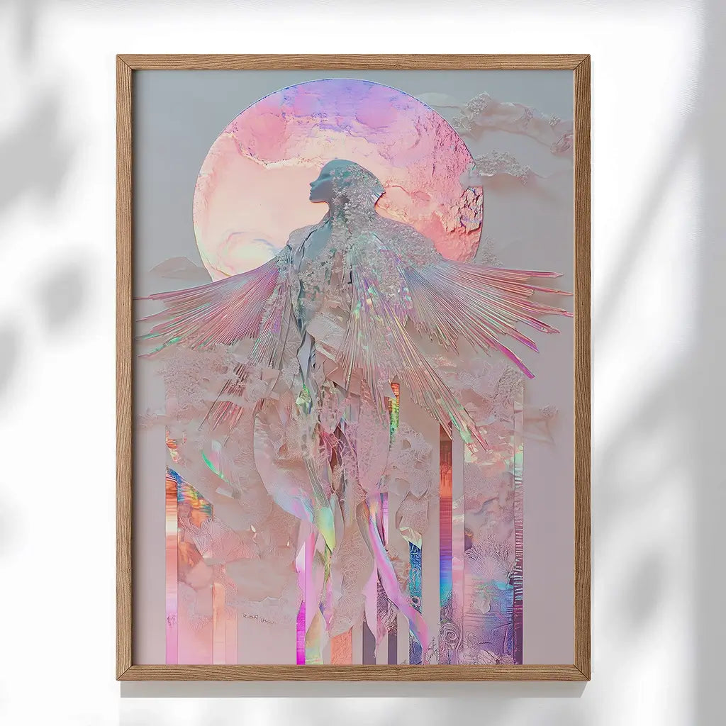 pink goddess wall art with moon irradised colours