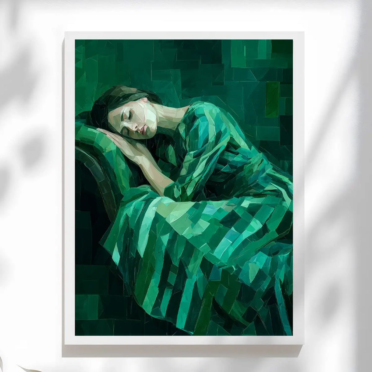 Peaceful female figure in abstract style with mosaic brushwork