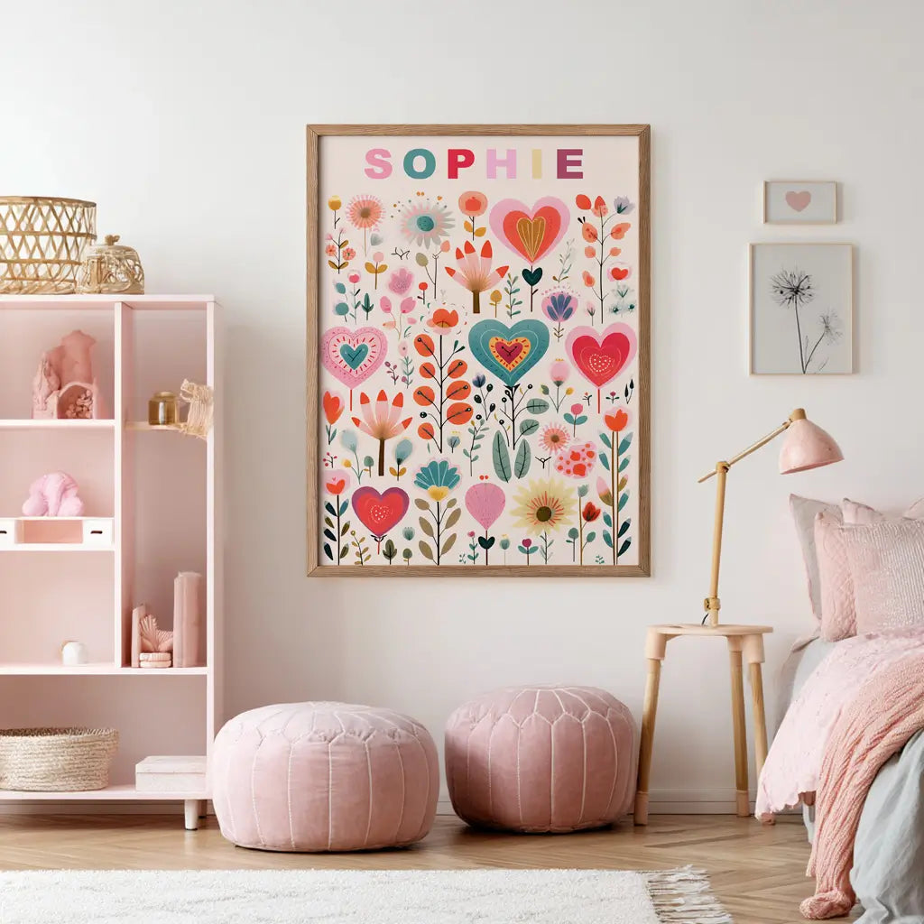 Personalised girls heart name print – custom nursery wall art