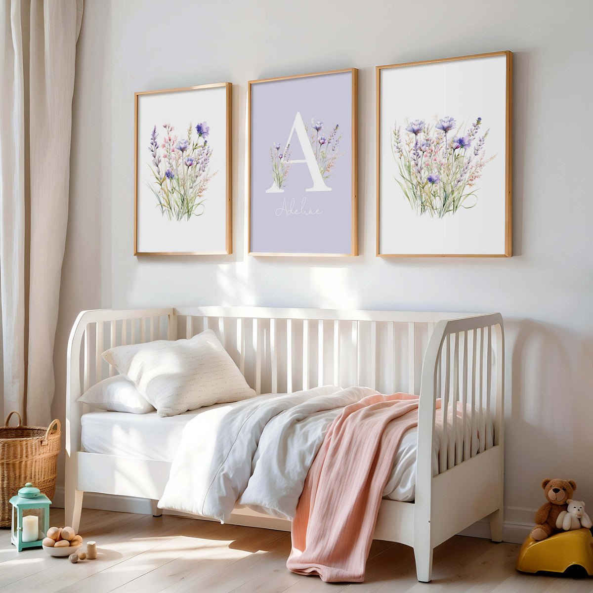 Set of three nursery wall prints, with a customised name and  floral wildflowers
