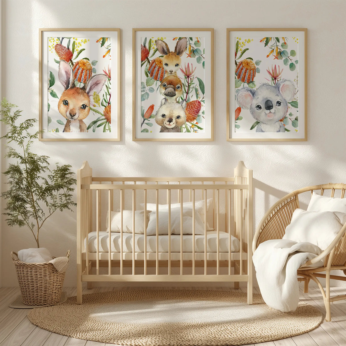 set of three printed prints kangaroo koala wombat Australian animals wall art prints with eaucalyptus  and australain native foliage