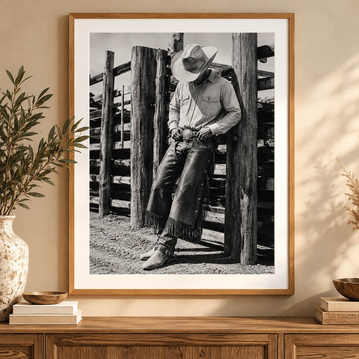Vintage black and white cowboy wall art in natural oak frame with rustic Western ranch photography.