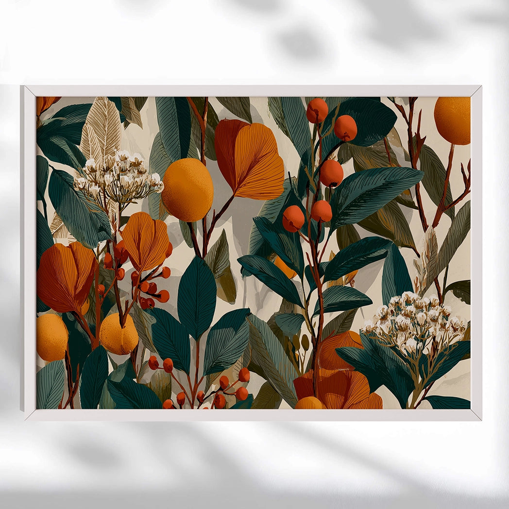 Rustic botanical wall art print with burnt orange leaves, sage green accents, and beige background