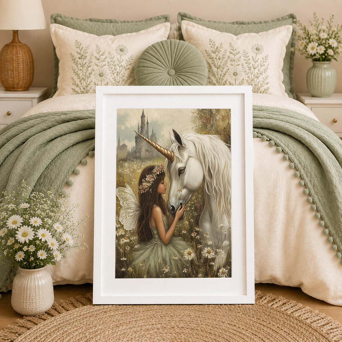Fairy and white unicorn wall art in soft sage green and cream tones with wildflowers and a distant fairytale castle.