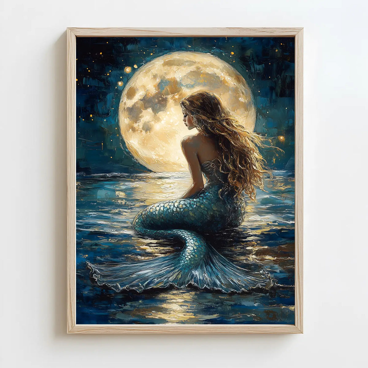 Serene mermaid with shimmering teal scales illuminated by moonlight, in a mystical underwater-inspired setting.