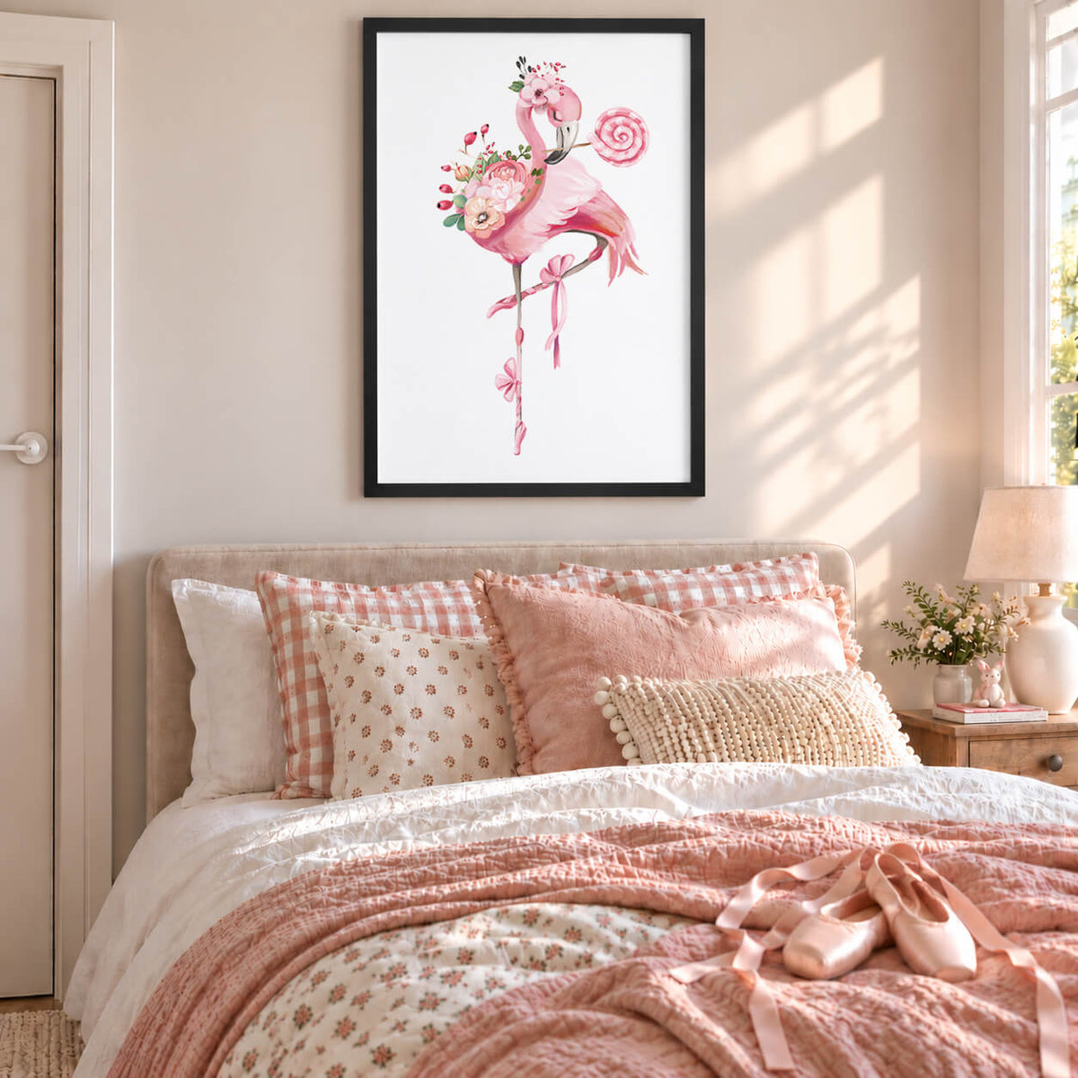 Black: Girls flamingo ballet wall art featuring a whimsical pink ballerina flamingo displayed in a modern black frame.