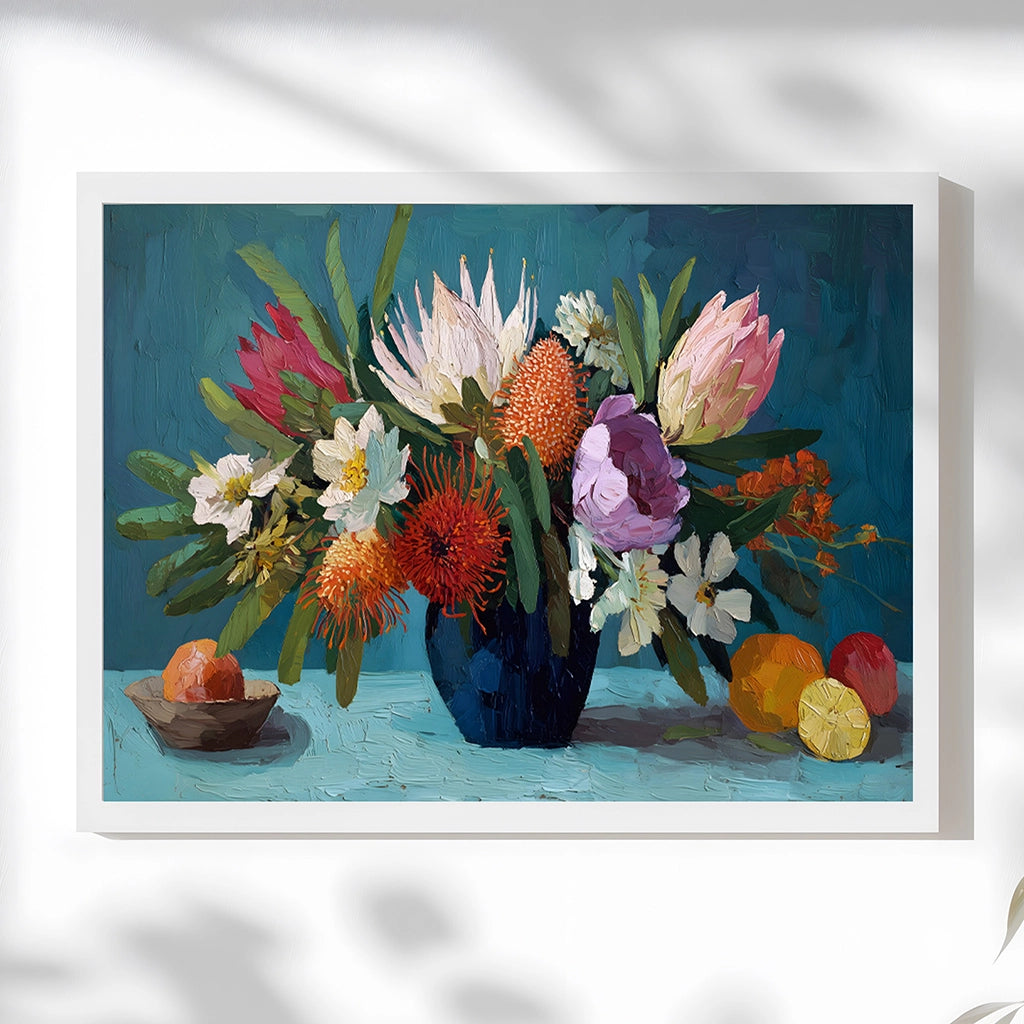 Still-life wall art featuring Australian native flowers in a blue vase on teal background
