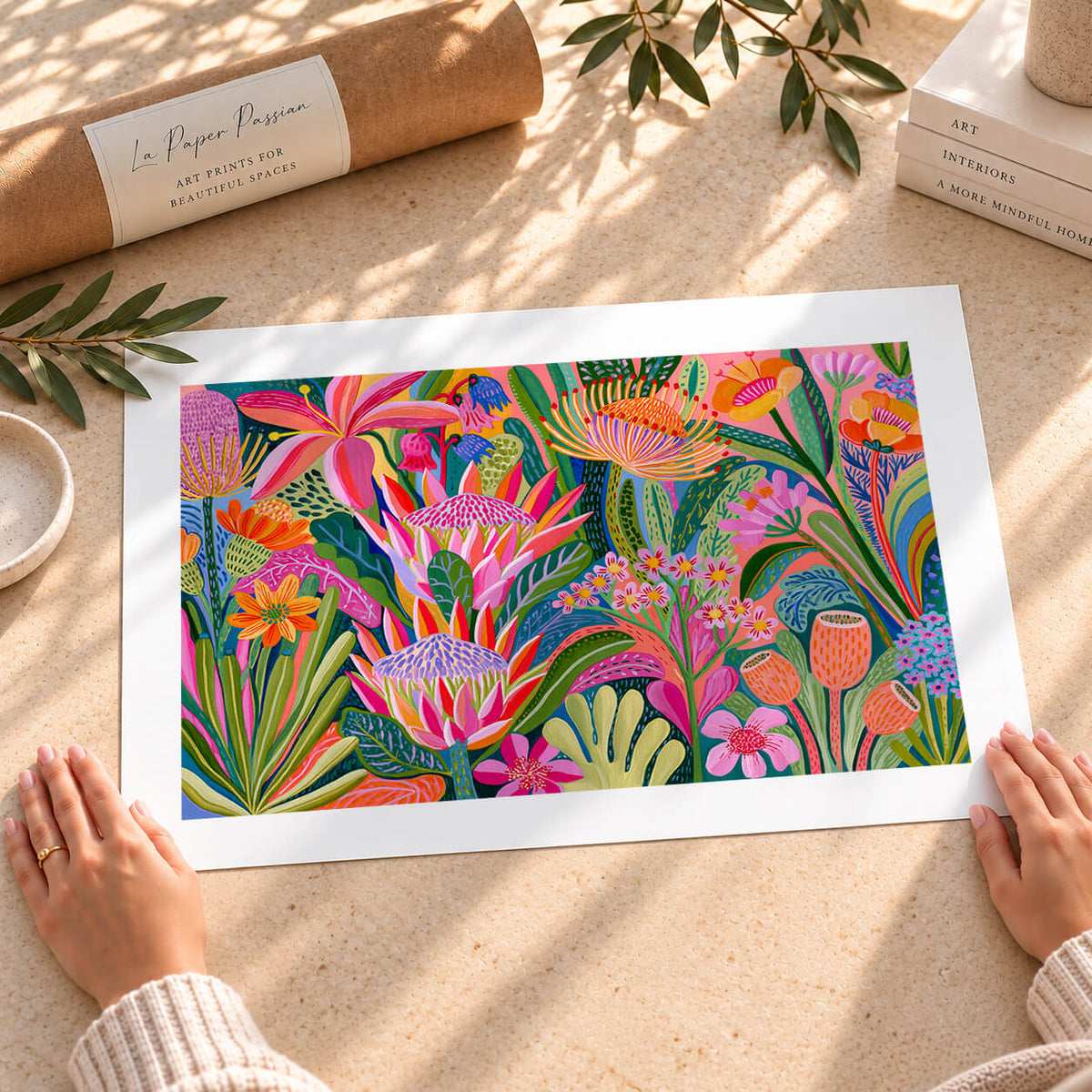 Colourful abstract floral wall art print with white border