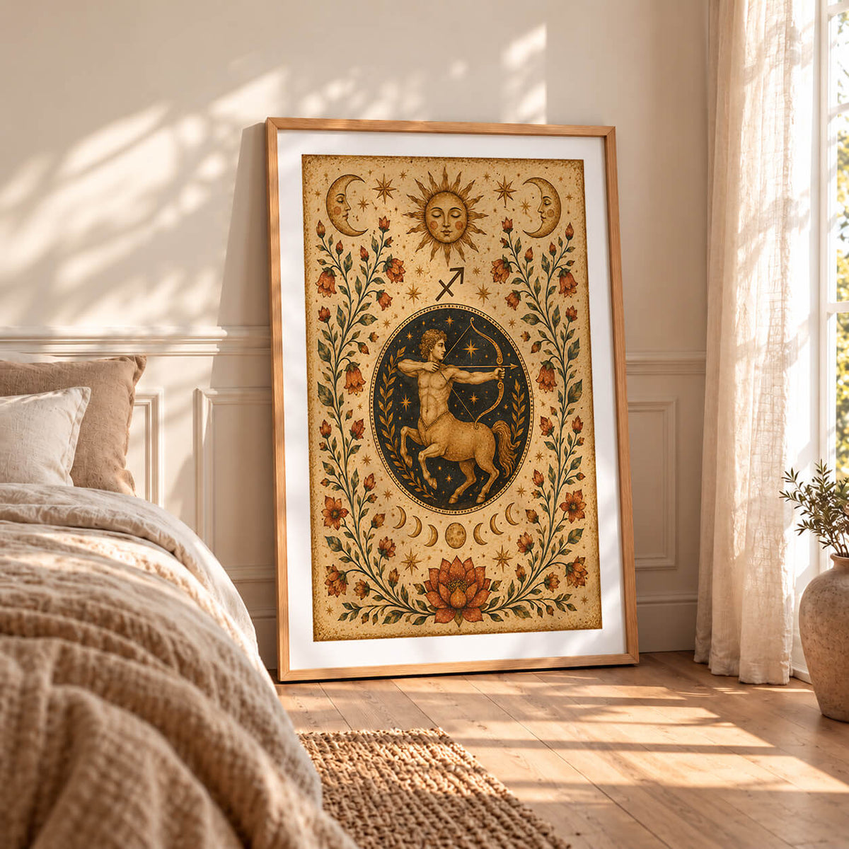 Sagittarius zodiac wall art print in whimsical folk art style, featuring celestial astrology details and colourful decorative elements.