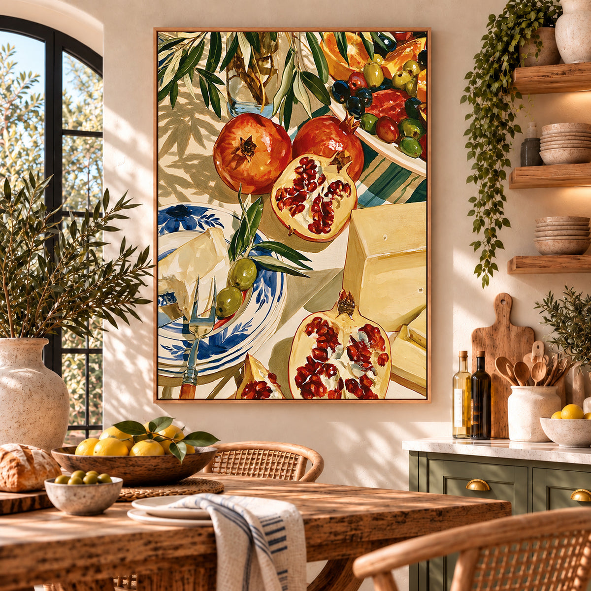 Vintage Mediterranean kitchen wall art on framed canvas featuring pomegranates, olive branches and rustic food in warm earthy tones.