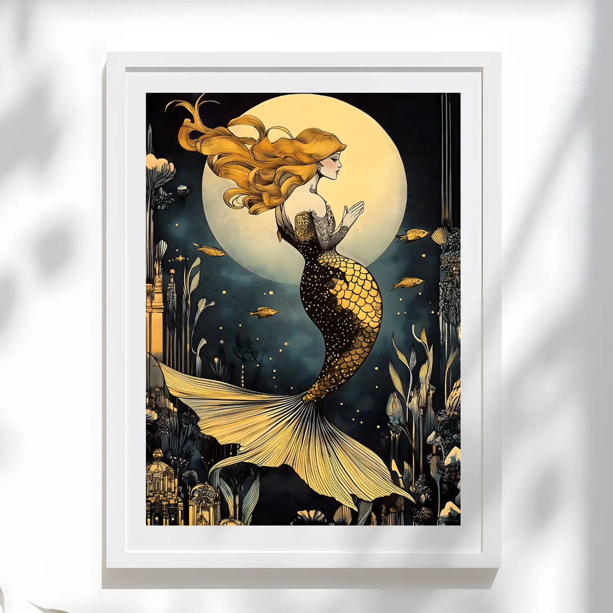 Surreal mermaid art featuring a golden-tailed figure in an enchanted ocean setting, with moonlight and intricate marine flora.