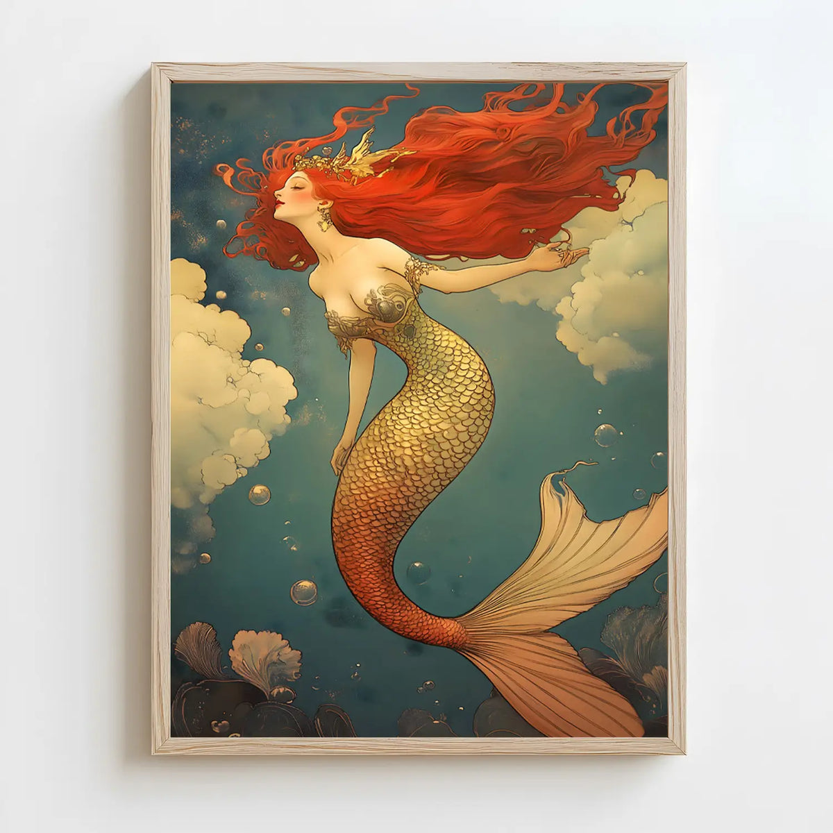 Surreal ocean wall art featuring a red-haired mermaid goddess with shimmering gold tail and soft underwater bubbles.