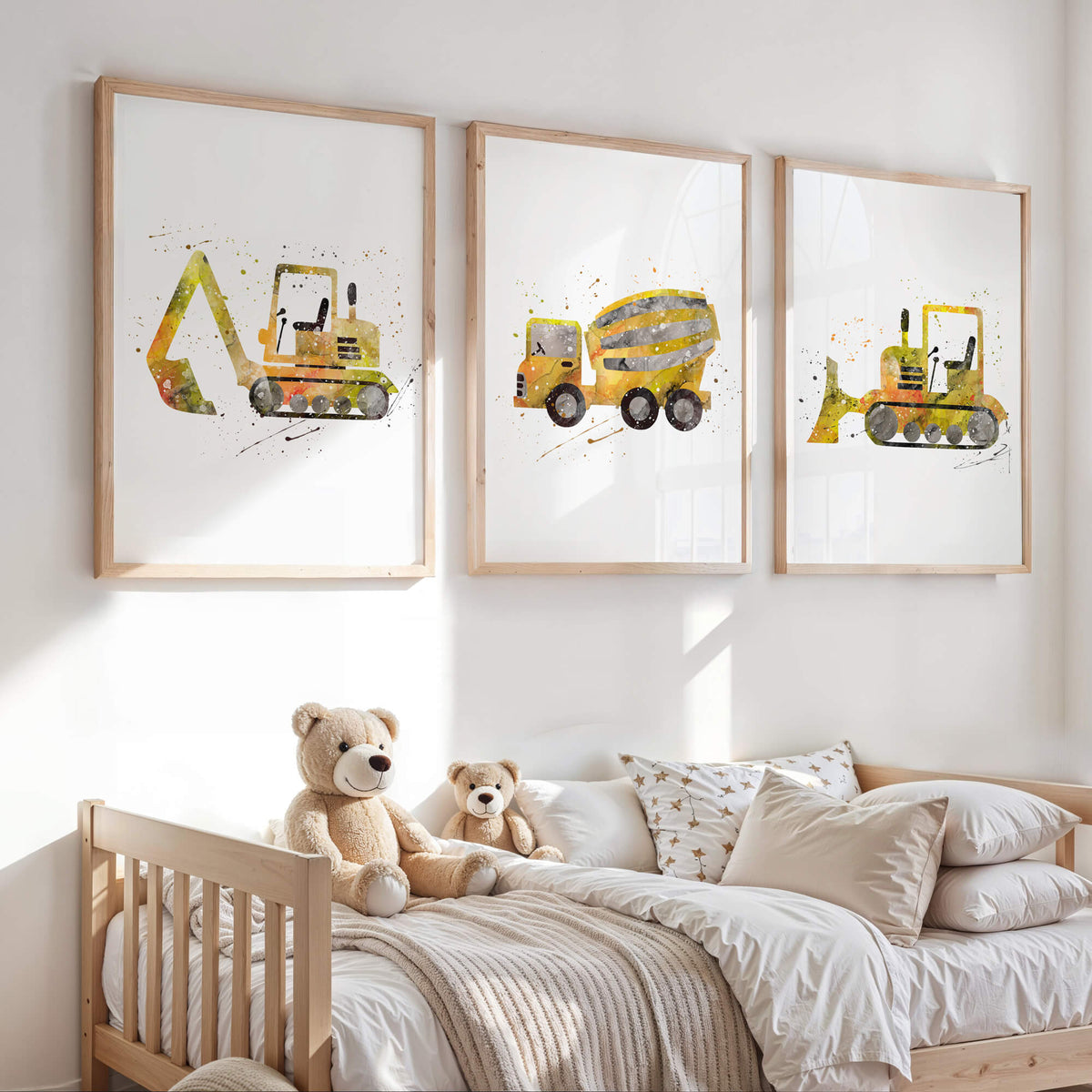 Watercolor yellow dump truck wall art for toddler room décor
Cute yellow truck nursery print for toddlers’ room
Set of three watercolor yellow truck prints for toddler bedroom walls