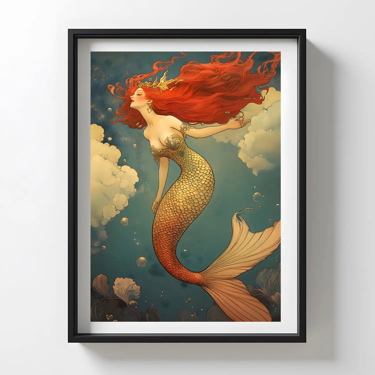 Underwater fantasy scene of a regal mermaid with radiant scales and bold red hair surrounded by soft ocean elements.