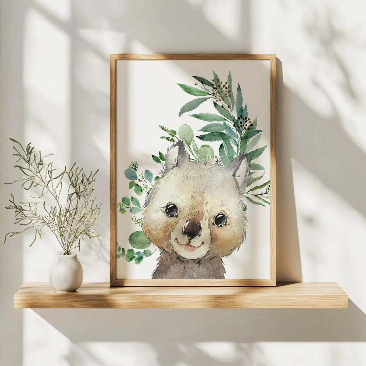 wombat Australian animals wall art prints with eaucalyptus foliage