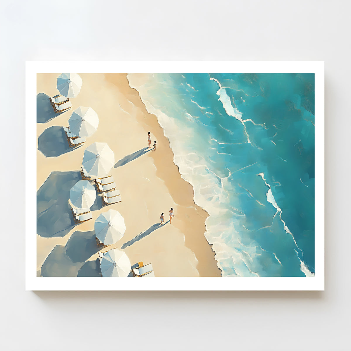 Relaxed beach scene wall art with white umbrellas and blue sky