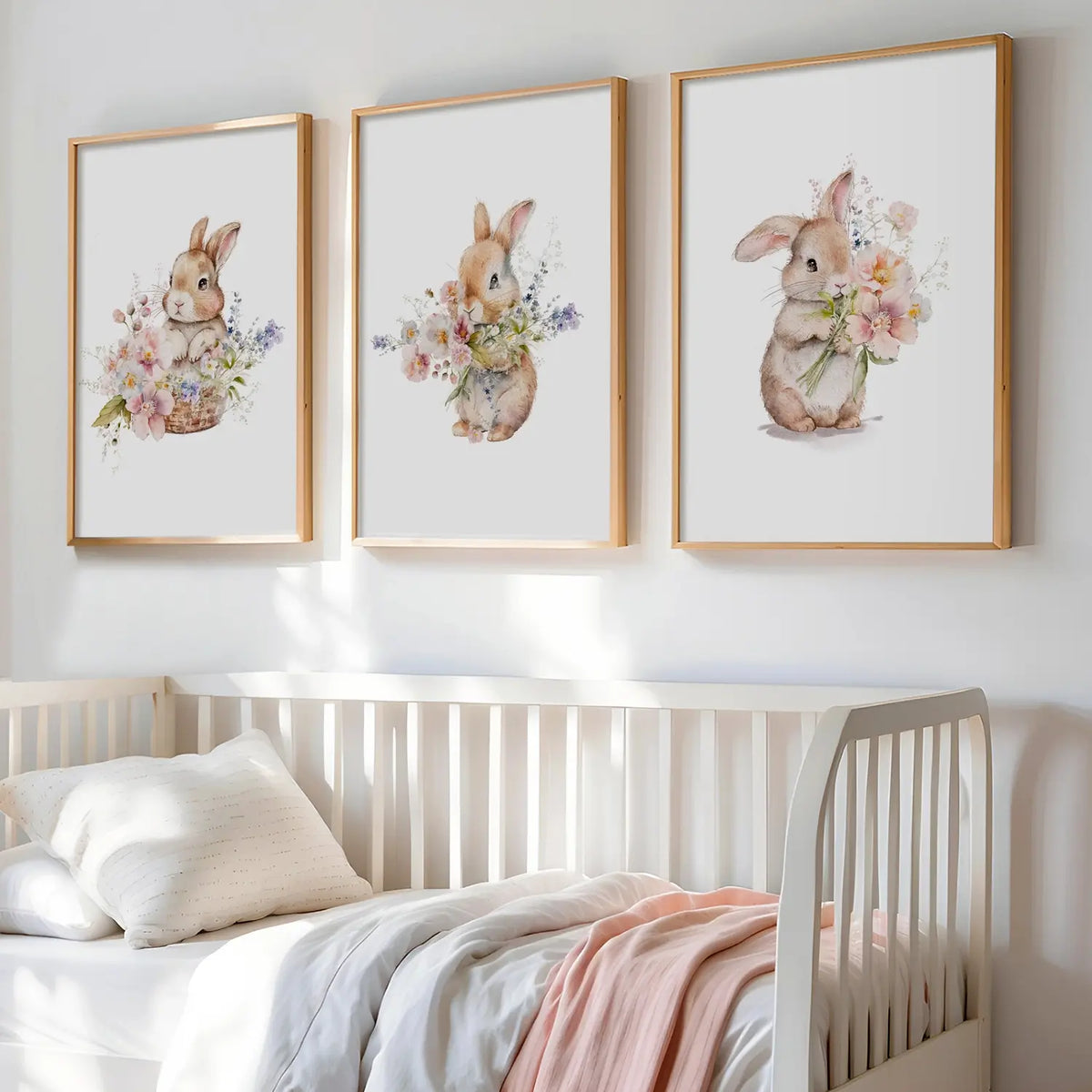 Watercolour bunny nursery print holding a bouquet of flowers in gentle tones – girls’ wall art