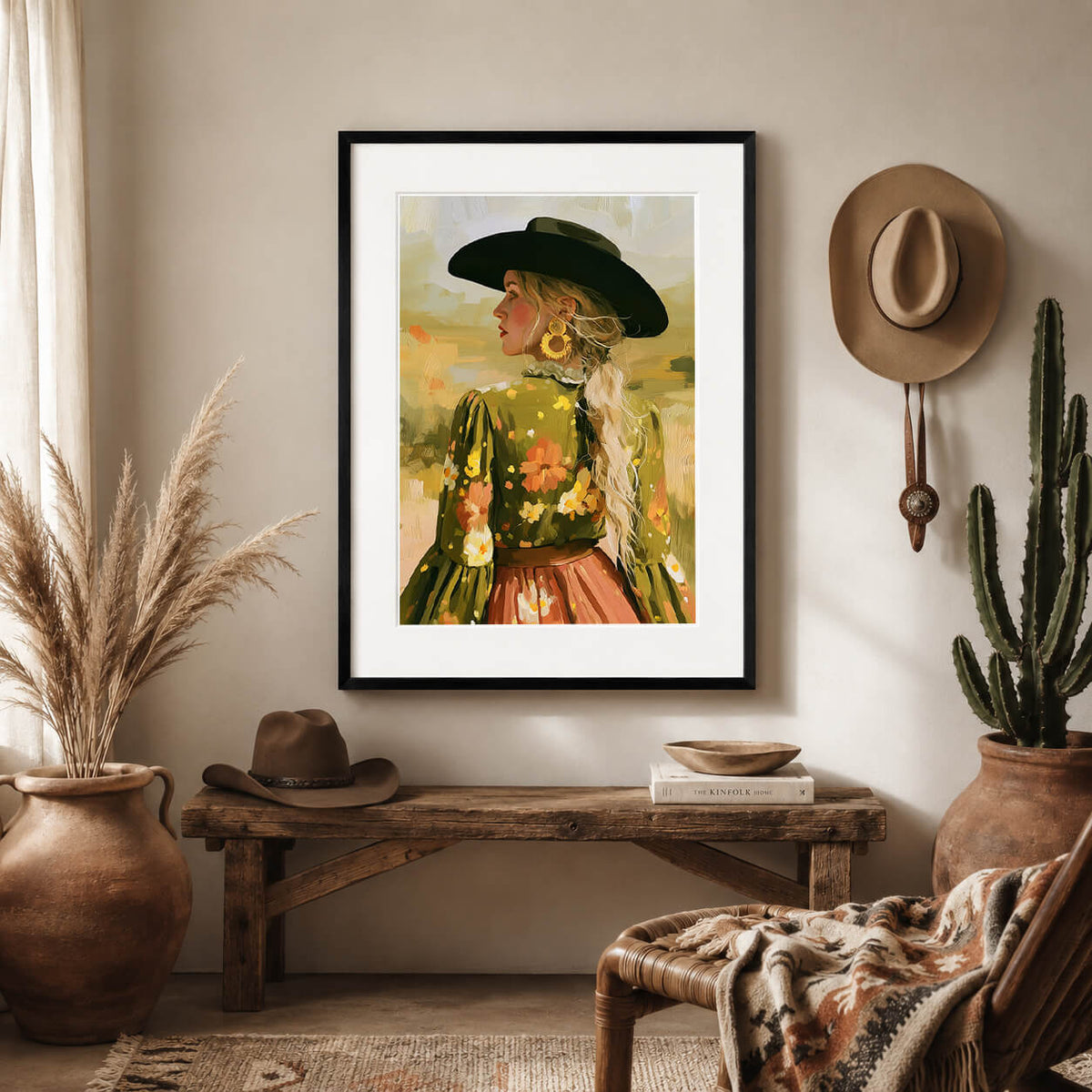 Western cowgirl wall art with earthy desert tones