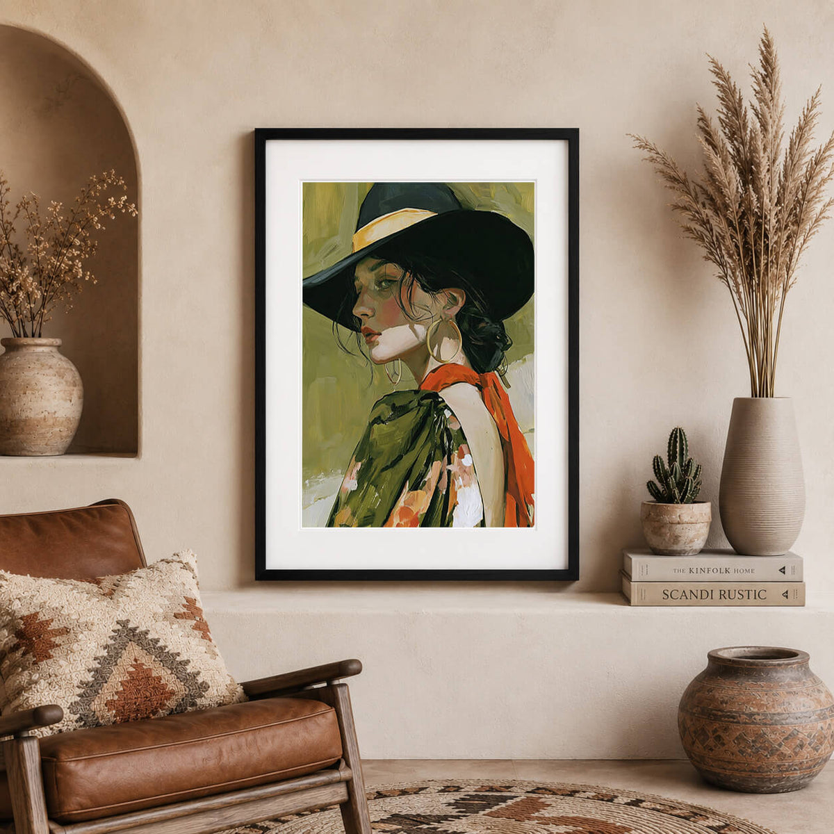 Western woman portrait print in earthy boho tones