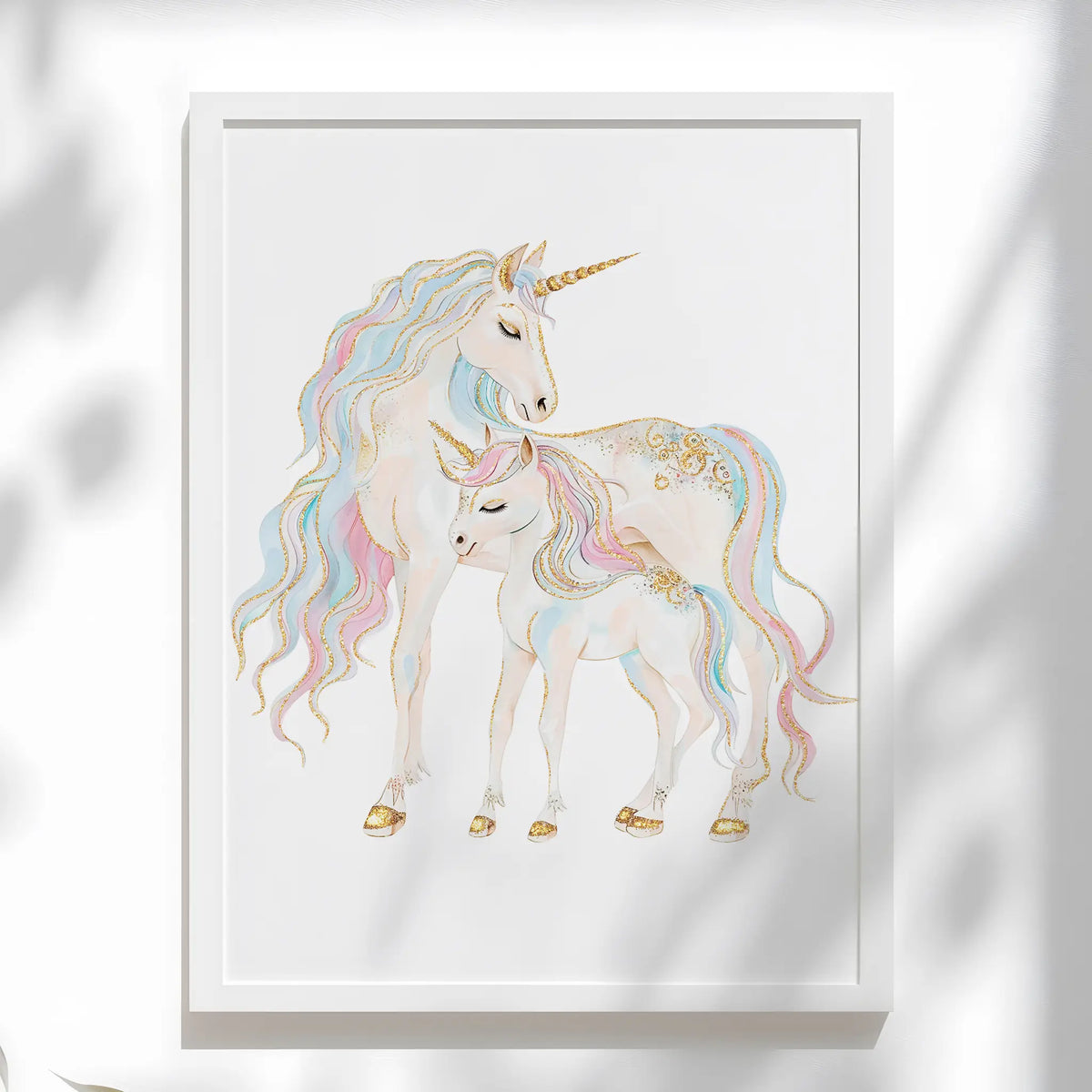 Whimsical Mum & Baby Unicorn Print for Nursery or Bedroom with Glitter Accents