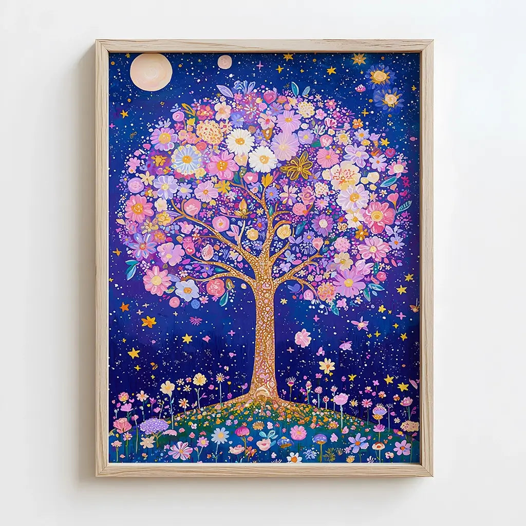 Whimsical tree artwork filled with pastel flowers against a starry night sky