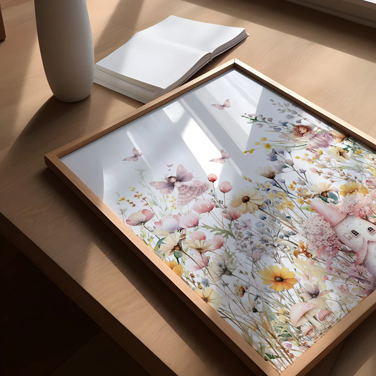 Whimsical watercolor fairy surrounded by blooms – perfect for baby girl’s room