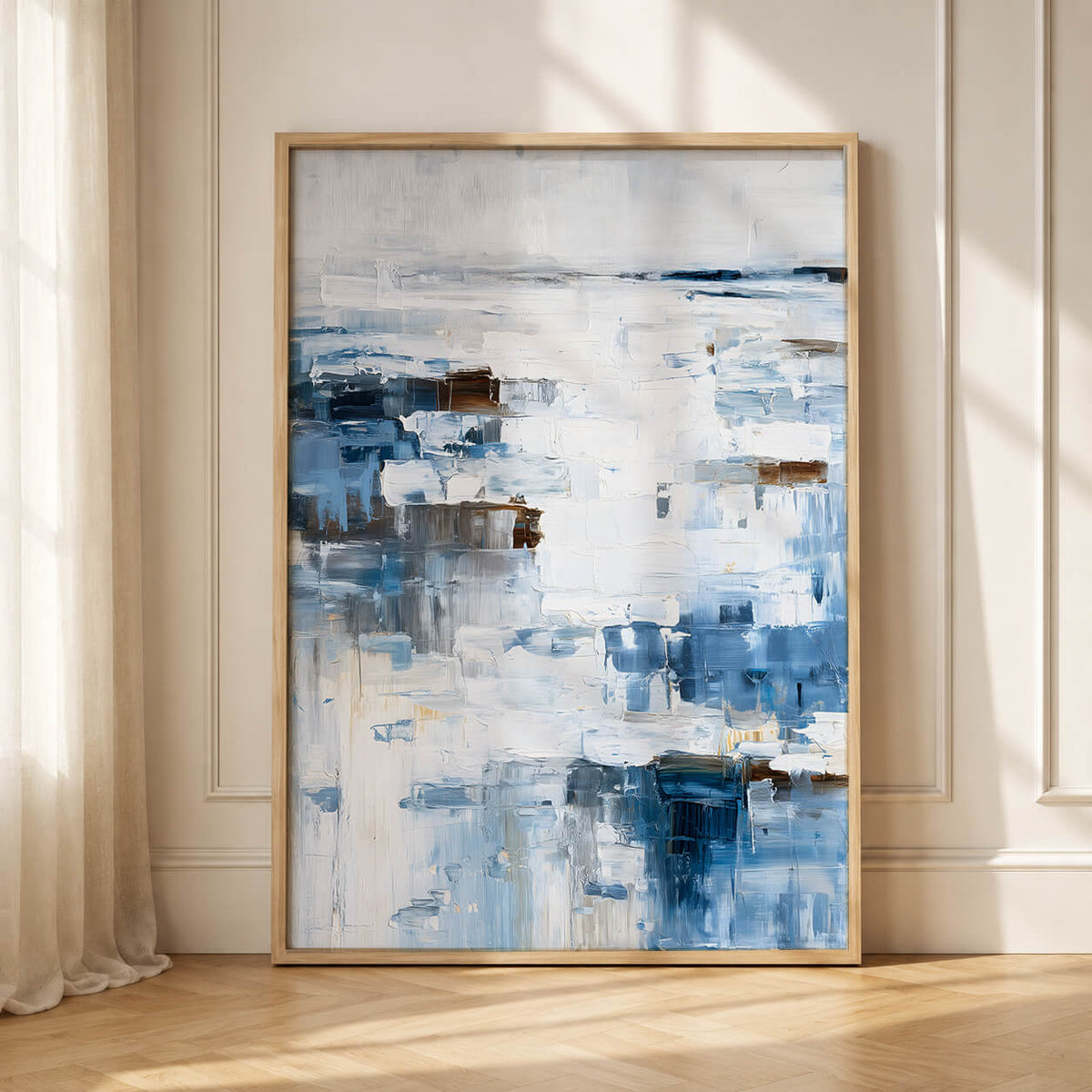 Blue abstract wall art print in soft coastal tones for modern Australian interiors