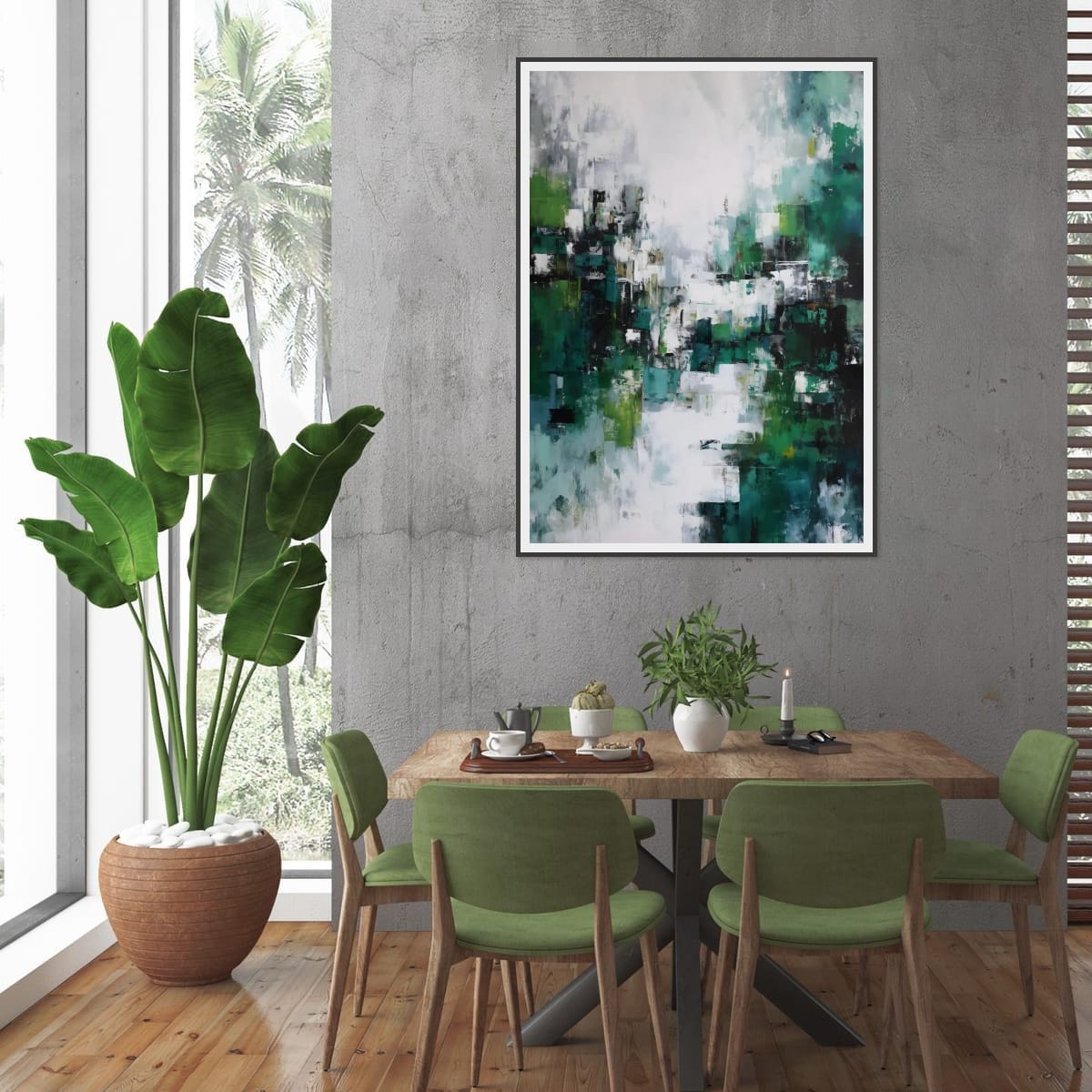 Abstract wall art with bold emerald green, white, and black brushstrokes.