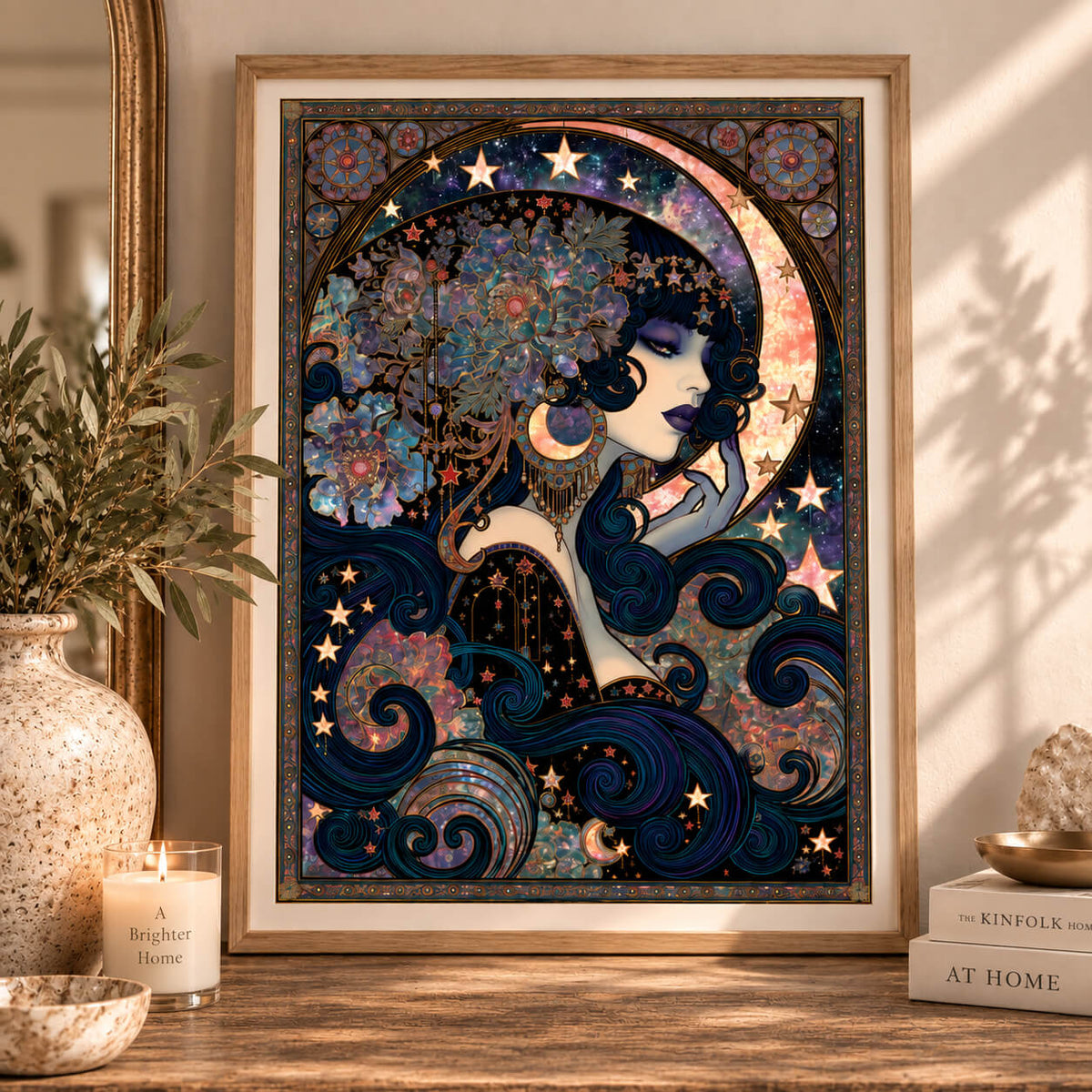 Celestial goddess maximalist Art Nouveau wall art with crescent moon stars and ornate flowers