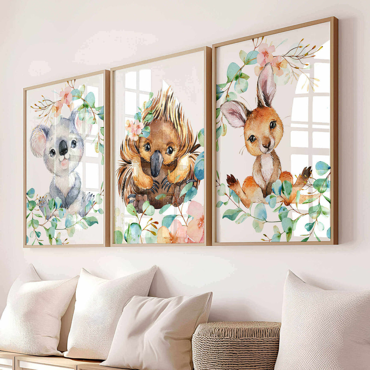 Australian animal wall art set in peach and eucalyptus green tones